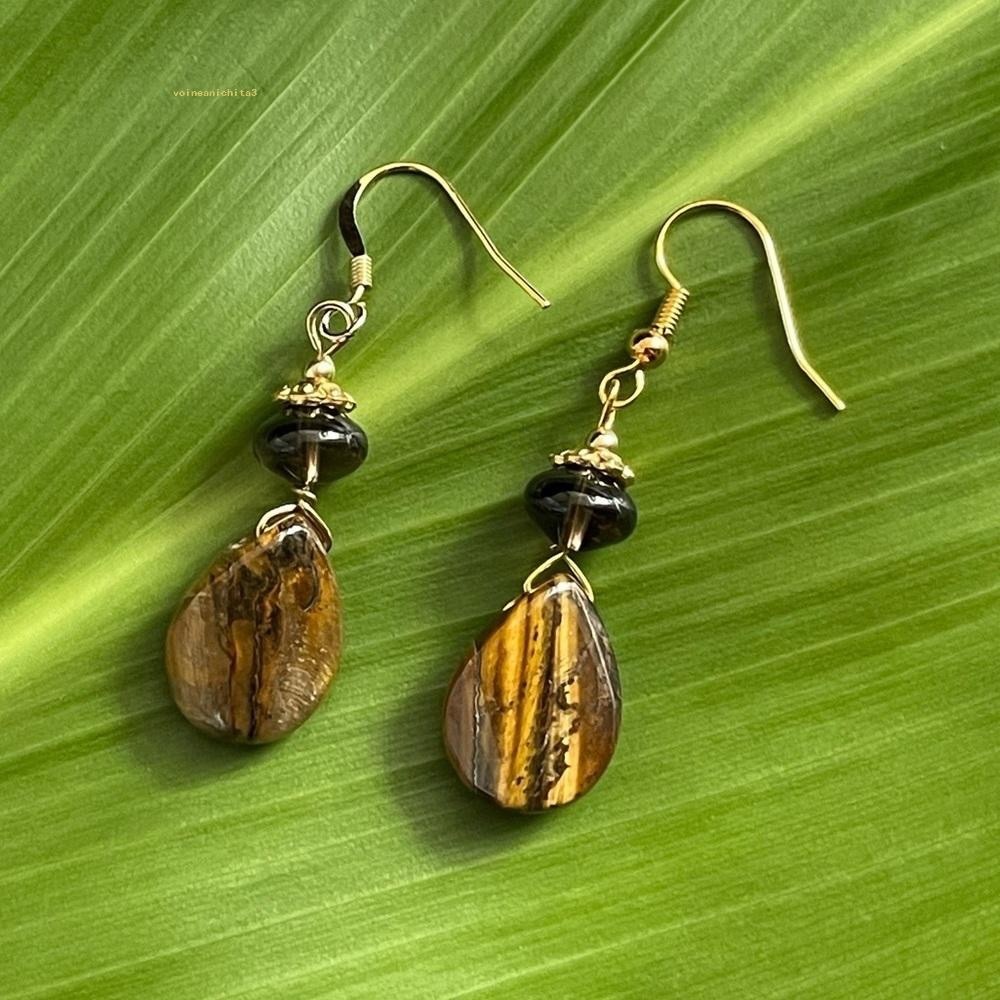 Tigers Eye With Crystal Dangle Retro Earrings - Picture 1 of 4